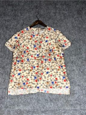 Hugo Boss 100% Silk Top Blouse Abstract Size L Printed Red & Blue Accents